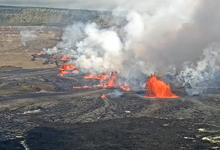 The view from a webcam at 4:00 pm HT / 10:00pm ET shows lava erupting from multiple fissures inside Kilauea's summit caldera. Image: USGS