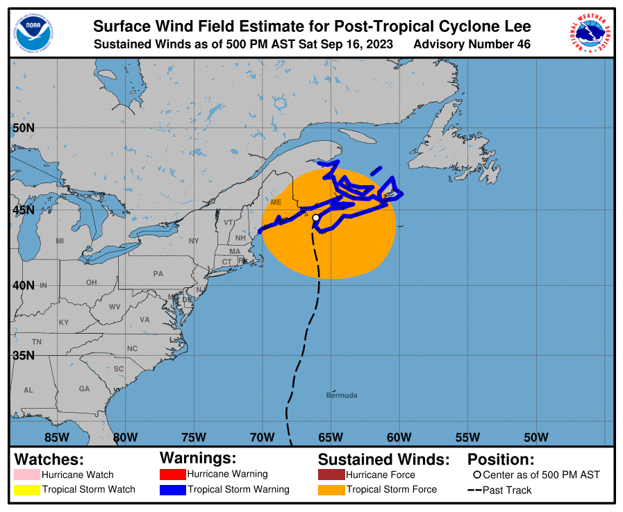 While the center of Lee is near the Nova Scotia coast, tropical storm force winds extend far east into large parts of Maine this evening. Image: NHC