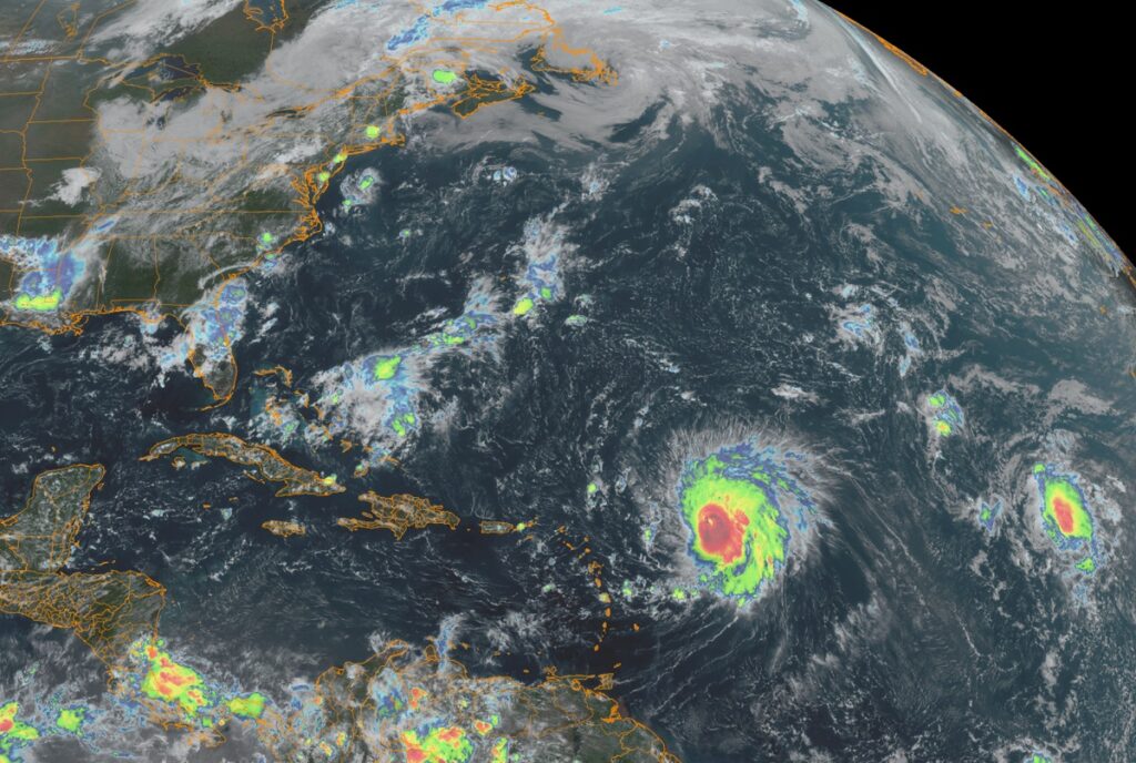 Hurricane Lee is spinning about north of the Leeward Islands while Tropical Storm Margot picks up strength well to the east of Lee. Image: NOAA