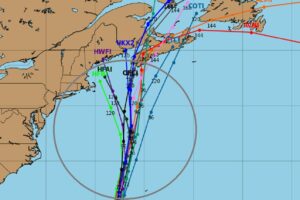 All major computer forecast guidance bring Lee to the coast, with individual model tracks depicted on this map showing the possible path of where the center of the storm will be. It will be a very large storm, as shown by the gray circle, and will likely be getting larger; as such, impacts will be felt far away from the center. Image: tropicaltidbits.com