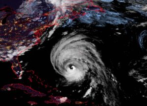 Current GOES-East weather satellite view of a very large Hurricane Lee spinning about in the Atlantic Ocean between the U.S. East Coast and Bermuda. Image: NOAA