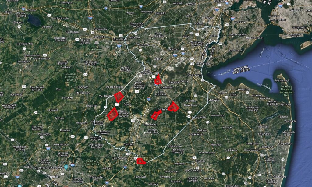 Areas to sprayed by potentially hazardous insecticide chemicals are in red on this map of Middlesex County in central New Jersey. Image: Middlesex County Mosquito Extermination Commission 