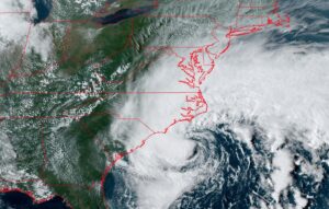 Latest satellite view of Tropical Storm Ophelia near the U.S. East Coast, as viewed by the GOES-East weather satellite. Image: NOAA