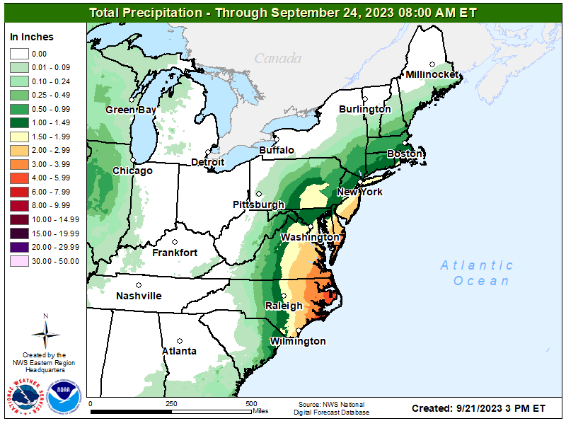 Heavy rain from the storm will create flooding problems from North Carolina to New Jersey. Image: NWS