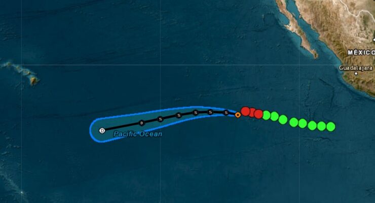 Past track and future track of a tropical depression in the Pacific. Image: NHC