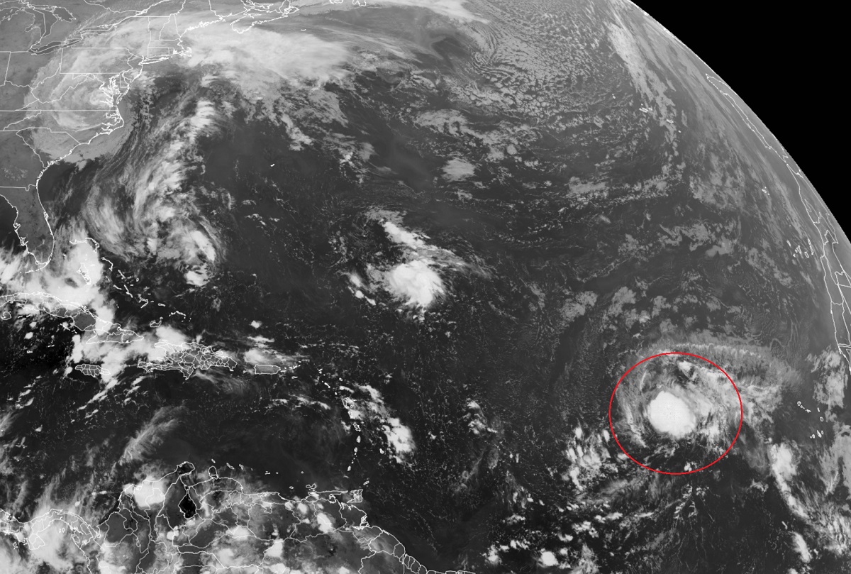 Current black & white GOES-East satellite view shows Philippe circled in red over the central Atlantic ocean.  Image; NOAA