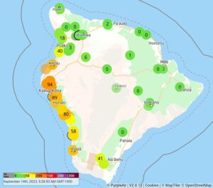 The Purple Air readings on the Big Island of Hawaii reflected the smog on the west coast from the volcano in eastern Hawaii. With the eruption over and emissions low, the vog has faded away. Image: Purple Air