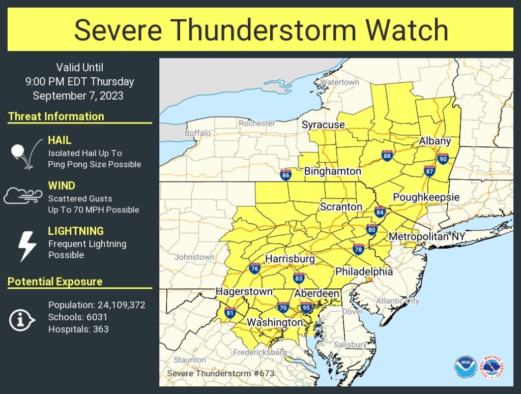 The National Weather Service's Storm Prediction Center has issued a Severe Thunderstorm Watch for areas in yellow today. Image: NWS SPC