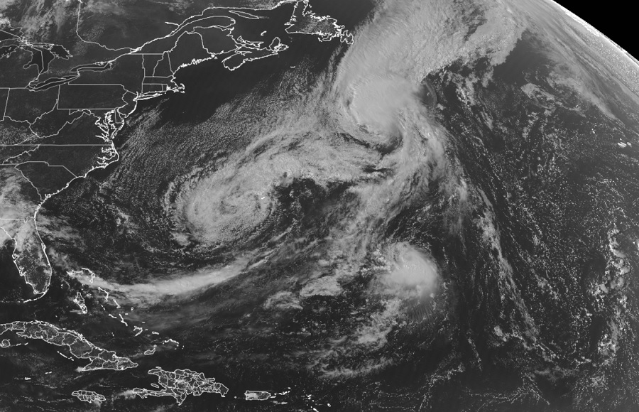 Current satellite view shows lots of tropical cyclone activity over the Atlantic, but no active threats to the U.S. at this time.  Image: NOAA