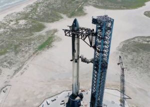 The Starship is stacked and prepared for launch at Starbase on the south Texas coast on September 5, 2023. Image: SpaceX