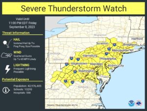 A Severe Thunderstorm Watch is in effect today for the area in yellow. Image: NWS