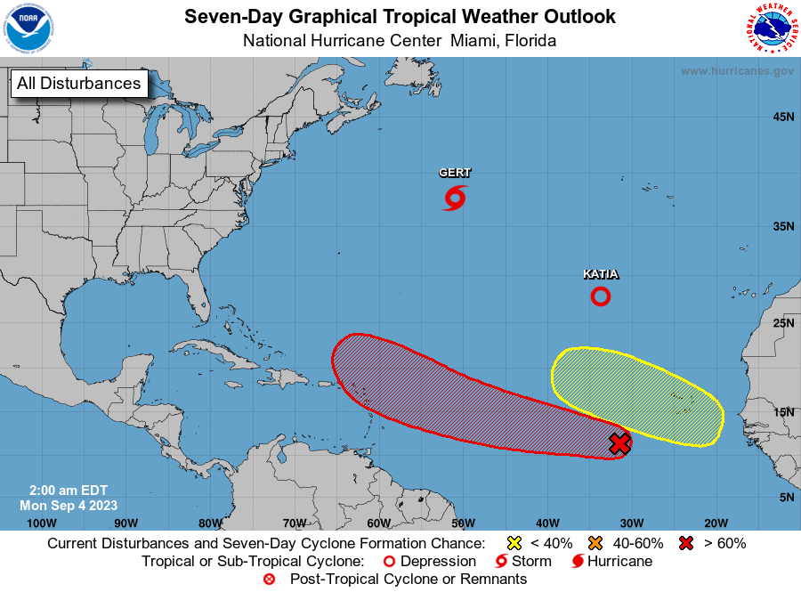 In addition to Tropical Storm Gert and Tropical Depression Katia, the National Hurricane center is monitoring two systems that could develop into tropical cyclones with time. The area is red has the greatest odds to develop; it also poses the greatest risk to the U.S. East Coast. Image: NHC