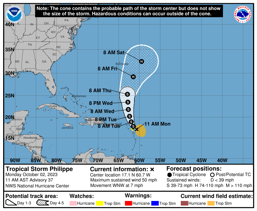 Latest forecast track and advisories for Philippe.  Image: NHC