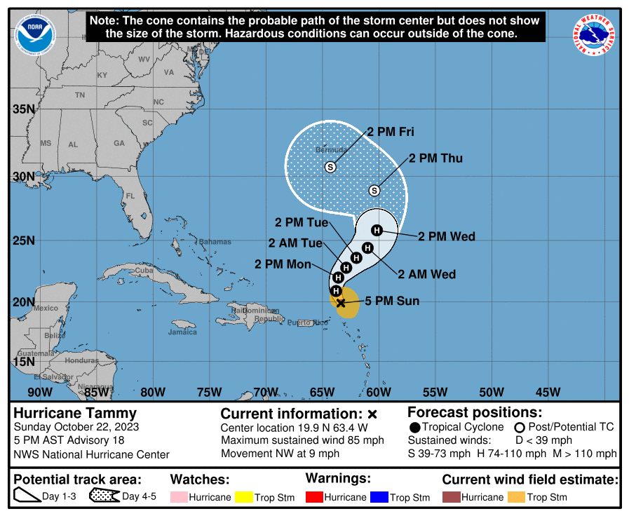 The latest forecast track for Hurricane Tammy from the National Hurricane Center. Image: NHC
