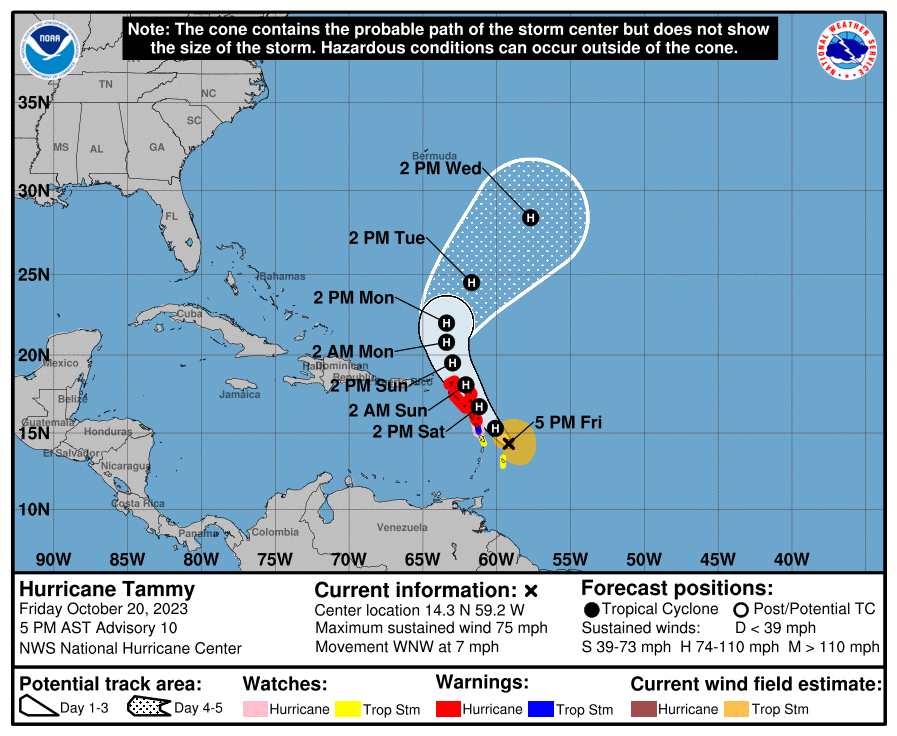 Hurricane Warnings have been expanded ahead of Tammy's arrival. Image: NHC