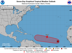 The National Hurricane Center is tracking both Tropical Storm Sean and a disturbance that is expected to become a tropical cyclone with time. Image: NHC