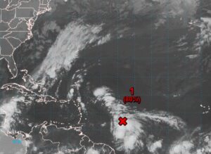 The area marked by the red X has an 80% chance of tropical cyclone formation this week. Image: NHC