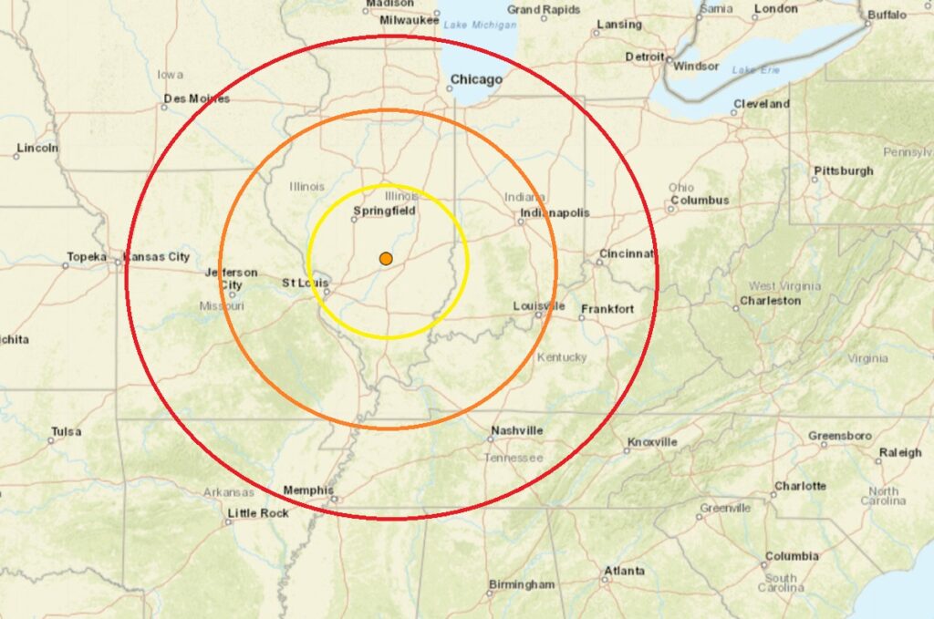 The epicenter of today's earthquake was at the orange dot inside the colored concentric circles. Image: USGS