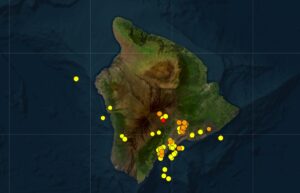 More than 200 earthquakes have struck the Big Island of Hawaii or points nearby over the last week, with most around the summit area of the Kilauea Volcano. Each dot reflects the epicenter of a measured earthquake, with orange dots more recent than yellow ones with red being the freshest quake. Image: USGS