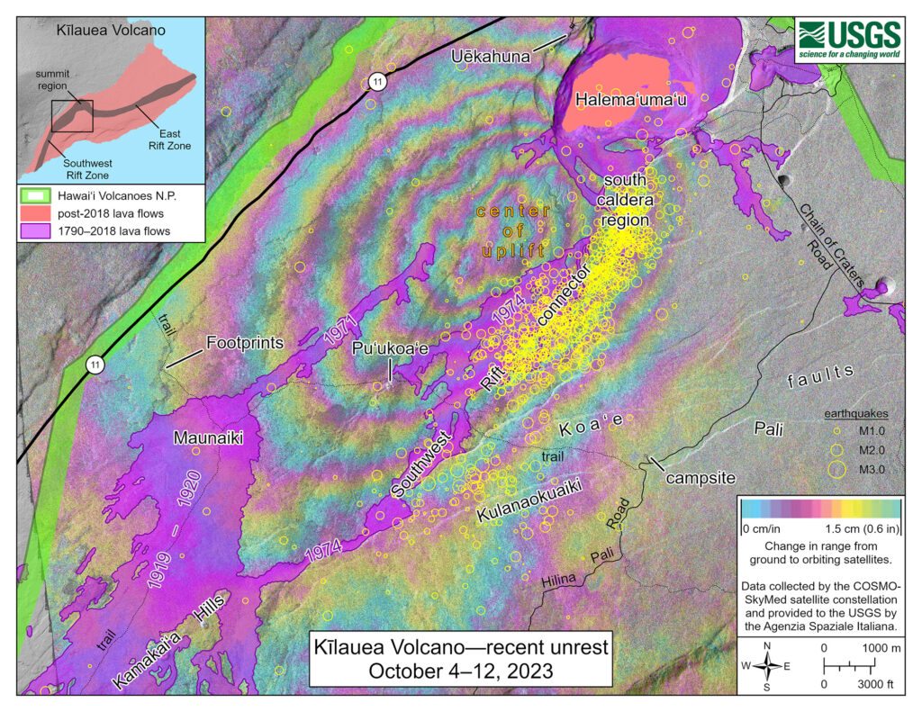 This map shows recent unrest in Kīlauea’s summit region. Colored fringes denote areas of ground deformation and yellow circles denote earthquake locations. Image: USGS