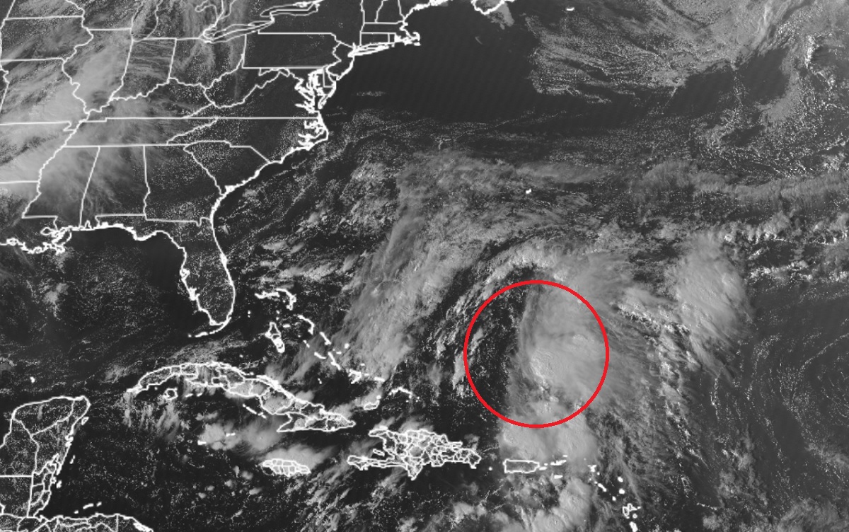 Tropical Storm Philippe is located within the red circle on this GOES-East weather satellite view. Image: NOAA