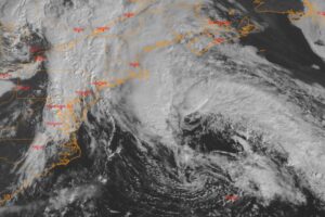 Latest view from the GOES-East weather satellite shows what's left of Philippe storming into the northeastern U.S. today. Image: NOAA