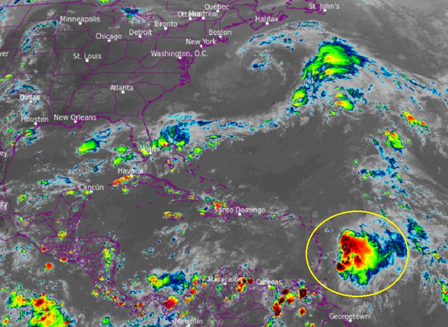 Current satellite view from GOES-East shows Philippe circled in yellow. Image: NOAA