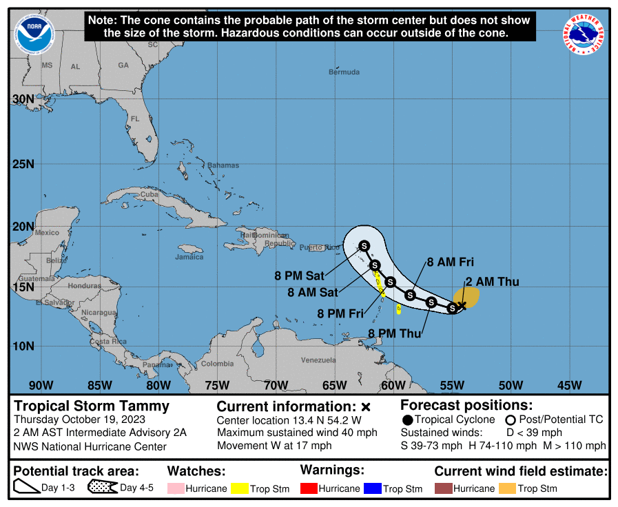 Latest 3-day forecast track for Tammy from the National Hurricane Center. Image: NHC