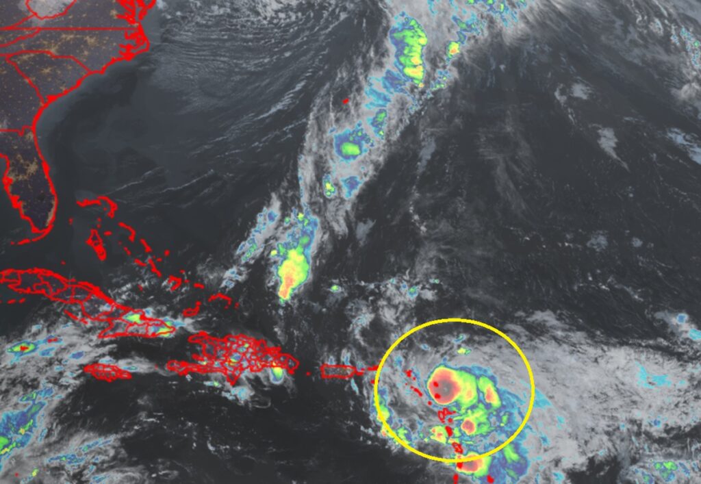 Hurricane Tammy is circled in yellow on this current GOES-East weather satellite view. Image: NOAA