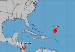 Hurricane Tammy and Tropical Depression #21 are the only tropical cyclones in the Atlantic Hurricane Basin at this time. Image: NHC
