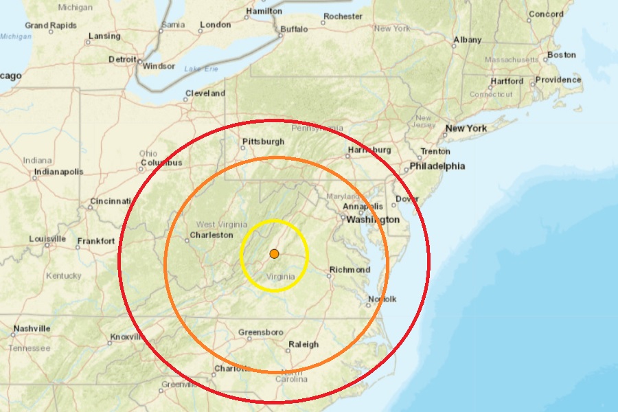The earthquake in Virginia struck at the orange dot inside the colored concentric circles on this map. Image: USGS