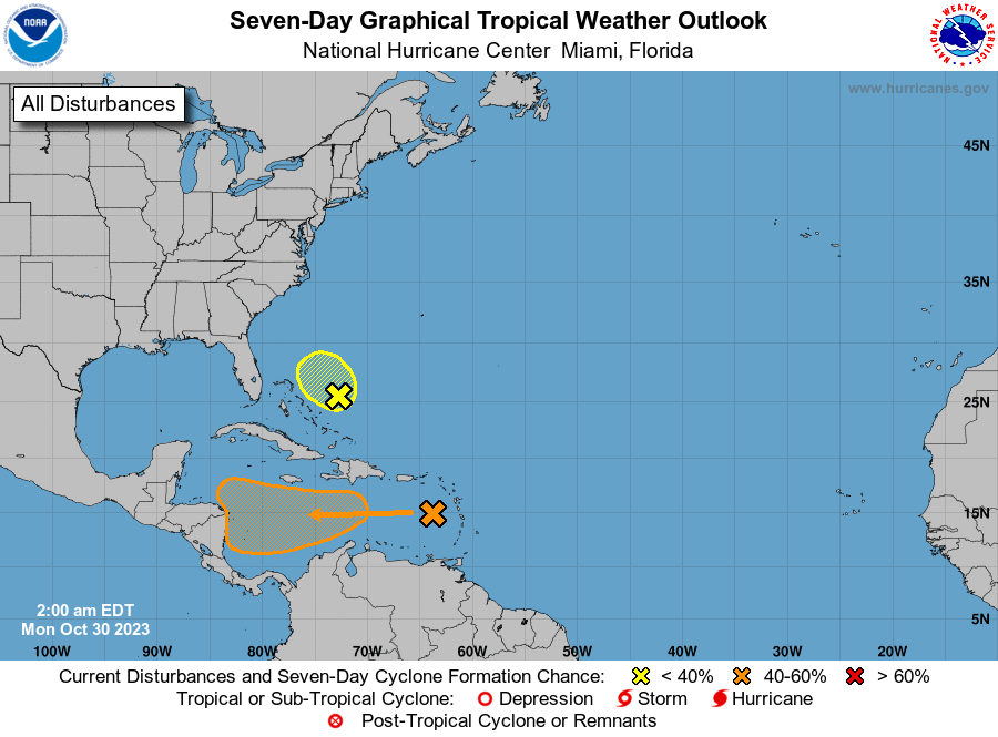 The National Hurricane Center is monitoring the yellow and orange areas for possible tropical cyclone development over the next 7 days. The orange area is more likely to develop than the yellow area. Image: NHC