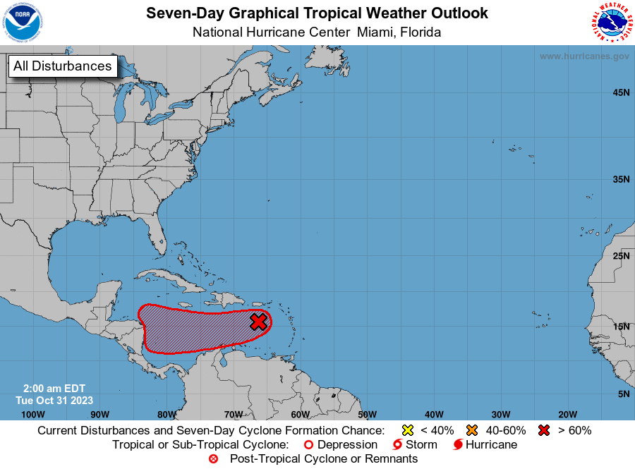 The latest Tropical Outlook from the National Hurricane Center shows an area of concern south of Puerto Rico.  Image: NHC