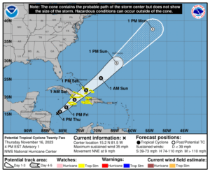 The latest forecast track for the developing tropical cyclone from the National Hurricane Center. Image: NHC