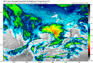 The American GFS forecast model shows clouds (in color) will be problematic for viewing aurora tonight. But portions of New Jersey, Delaware, and Oklahoma may be among the best places to see aurora in cloud-free skies.  Image: tropicaltibdits.com