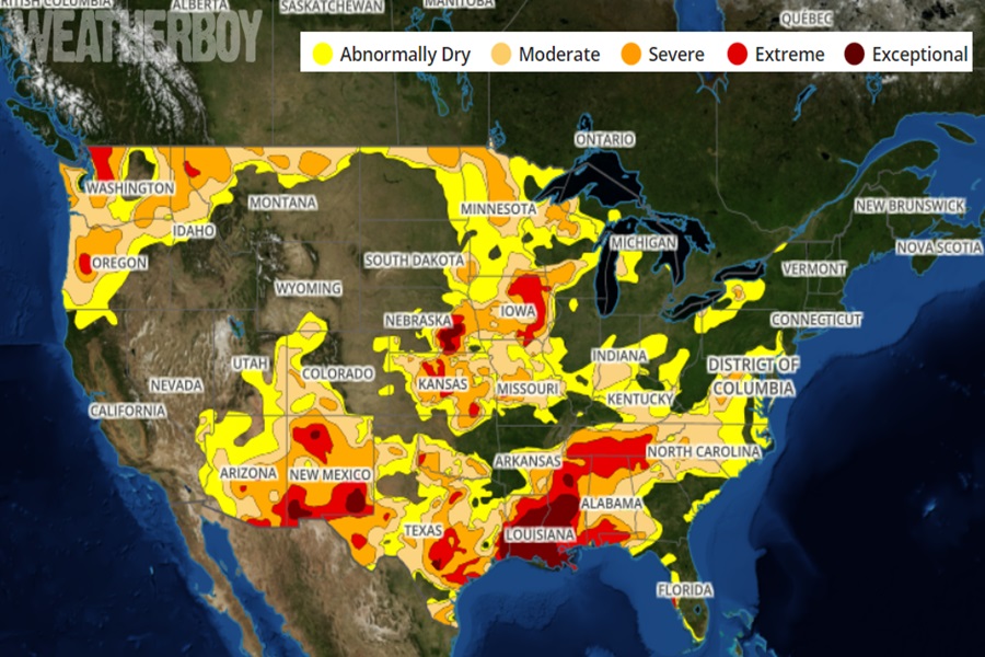 Latest Drought Monitor update for the continental United States. Image: weatherboy.com 