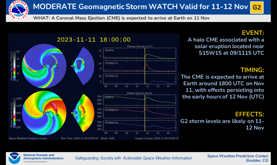 The G2 (Moderate) Geomagnetic Storm Watch is in effect both Saturday and Sunday, November 11-12.  Image: NOAA SPWC