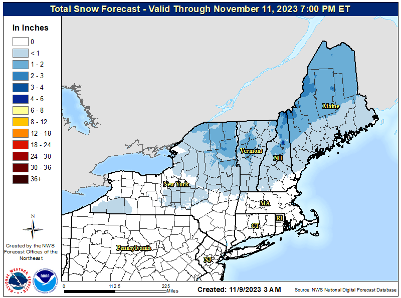 Light snow and ice accumulations are expected today across portions of New York, Vermont, New Hampshire, and Maine. Image: NWS