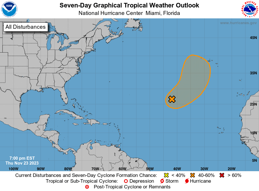 While a tropical cyclone may form in the Atlantic over the next 7 days, it will not impact the U.S.. Image: NHC