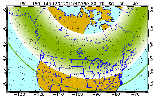 Latest aurora forecast shows an area stretching from northern Oregon to central Illinois to central New Jersey where the aurora could be directly over head. The aurora could be wide, stretching from New Jersey to Hudson Bay. The green line stretching from northern California to South Carolina shows a view line; the aurora could be visible as far south as central California and Nevada and northern South Carolina. A more intense storm could push the aurora even more south than this. Image: University of Alaska