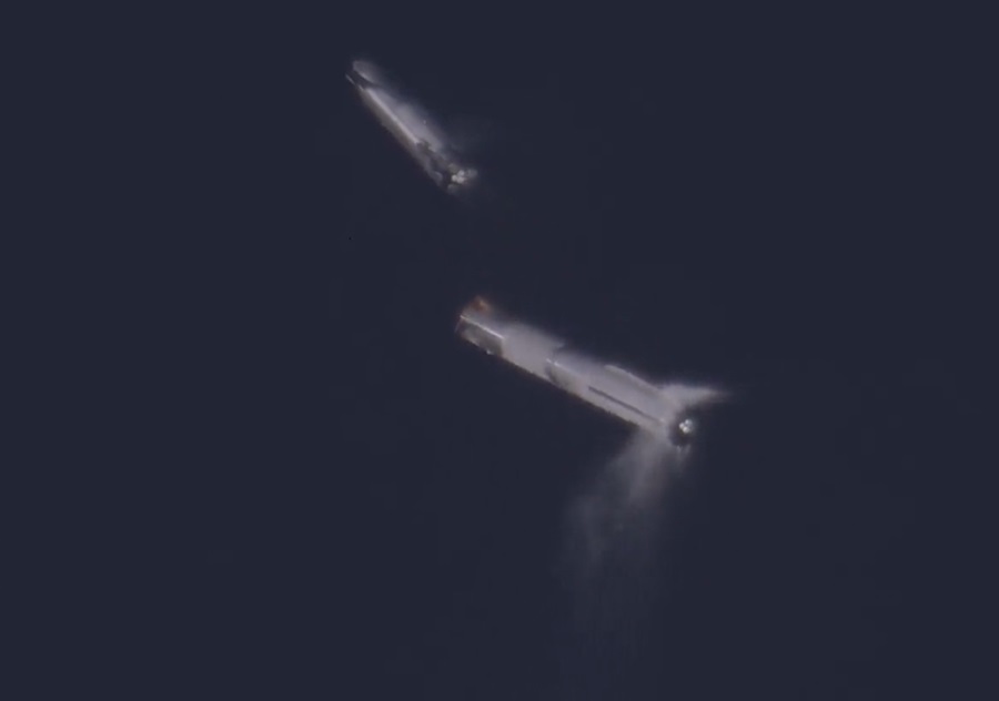 In this still from video shared by SpaceX, Starship separates from its booster on its way to space. Soon after, the booster exploded. After the booster exploded, Starship also exploded. Image: SpaceX