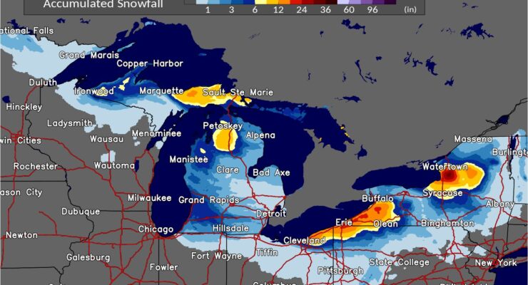 More than 3 feet of snow is possible this week from a Lake Effect snow storm this week, with most of the snowfall expected to peak today. Image: NWS