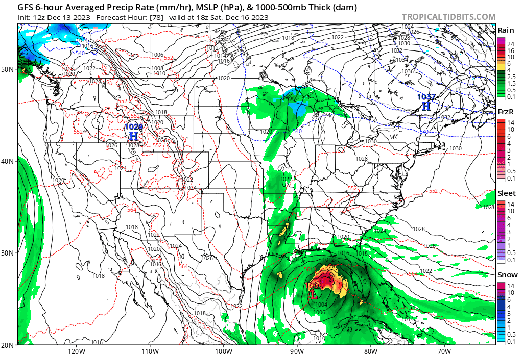Simulated RADAR view of the storm over the next several days, based on American GFS computer model forecast data. Image: tropicaltidbits.com