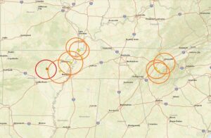 This map reflects all of the earthquakes near the New Madrid Seismic Zone that have struck in the last 7 days. Each epicenter is marked but a dot inside a colored circle; the red circle showcases the latest quake which struck Arkansas earlier today. Image: USGS