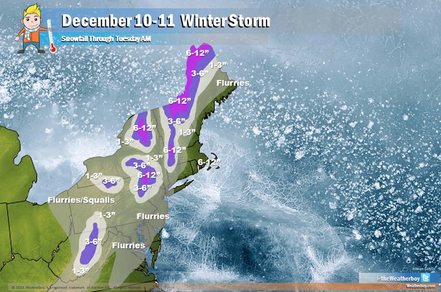 Latest snowfall forecast for the December 10-11 storm. Image: Weatherboy