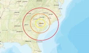 Today's earthquake struck north and east of Columbia, South Carolina; the epicenter is at the orange dot inside the colored concentric circles. Image: USGS