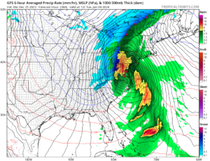 Output from the American GFS computer forecast model suggests another potent nor'easter will impact the U.S. East Coast around January 7-11 with this particular panel reflecting conditions for the morning of the 9th. Image: tropicaltidbits.com