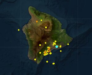 There have been more than 130 earthquakes on Hawaii's Big Island over the last 7 days, with the epicenter of each illustrated with a dot. Thirteen quakes hit today alone. Image: USGS