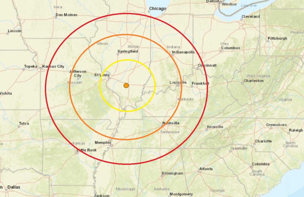 The epicenter of last night's earthquake is at the orange dot inside the colored concentric circles. Image: USGS
