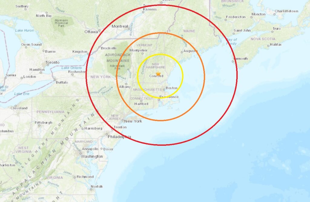 The earthquake epicenter was at the orange star inside the colored concentric circles in southern New Hampshire.  Image: USGS